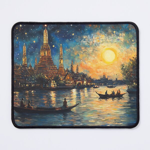 Item preview, Moonlit Wat Arun by the Chao Phraya River | Thai Impressionist Painting designed and sold by vallass.