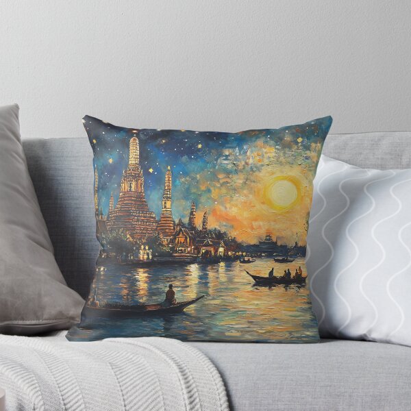 Item preview, Moonlit Wat Arun by the Chao Phraya River | Thai Impressionist Painting designed and sold by vallass.