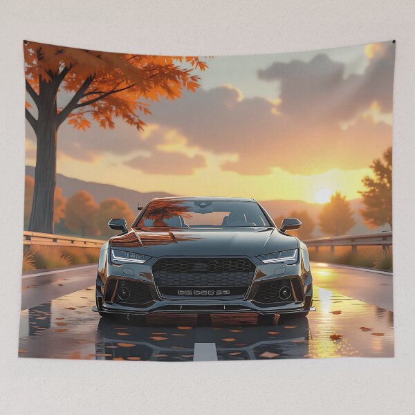 Item preview, Luxury sports car in autumn – Anime art style – front view designed and sold by Salimgor Hangaround Music.