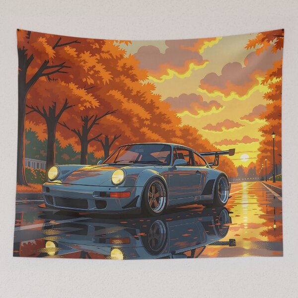 Item preview, Classic sports car in autumn – Digital anime art vintage car motif designed and sold by Salimgor Hangaround Music.