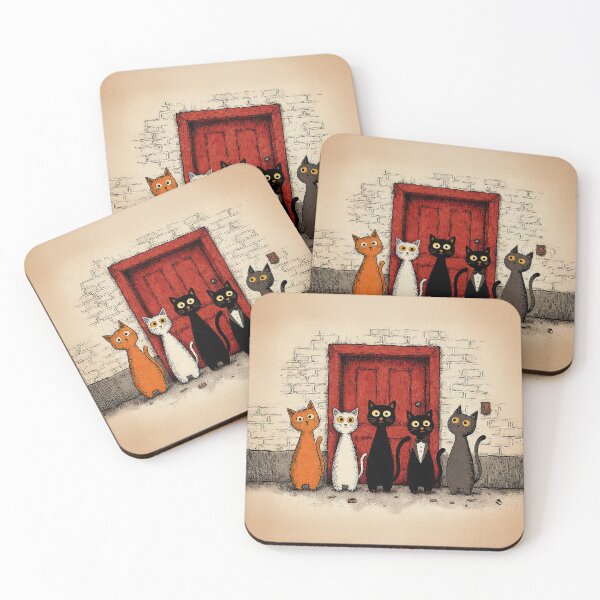 Item preview, Five Cats and the Red Door – Whimsical Minimalist Cat Art designed and sold by Whimsical Hug.