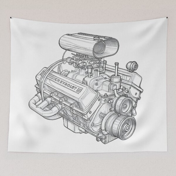 Item preview, Black and White Sketch of Chevrolet Small Block designed and sold by Huskyyy Designs.