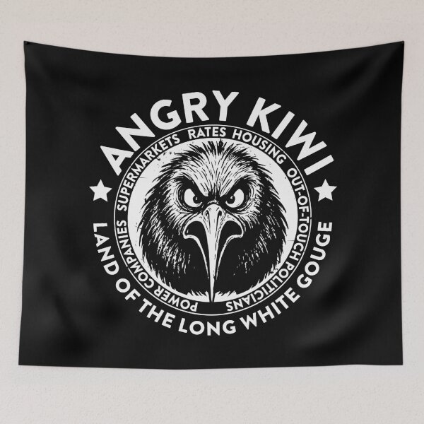 Item preview, ANGRY KIWI NEW ZEALAND LONG WHITE GOUGE designed and sold by Madjack Tees Kiwi SuperStore.