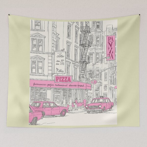 Aperçu de l'œuvre Pink City Vibes – Retro Urban Sketch of New York Street Life créée et vendue par casualnature.