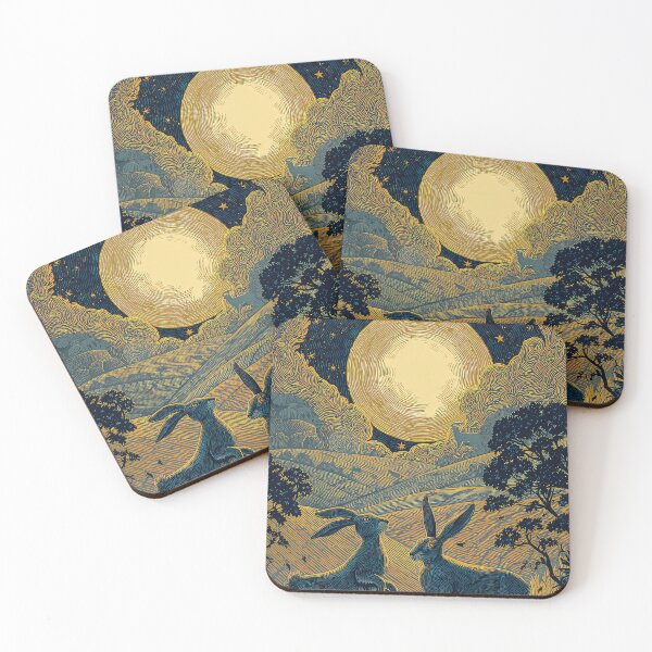 Item preview, Boxing Hares under a Full Moon and Owl  woodcut print effect designed and sold by thewandswant.