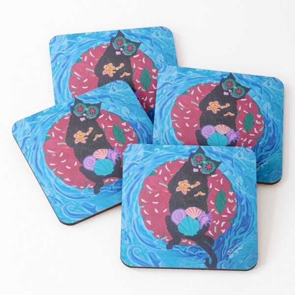 Item preview, Black Cat, Cherry Float, Watermelon Gaze – Dreamy Surreal Summer Cat Art designed and sold by PaintThatSheep Art Shop.