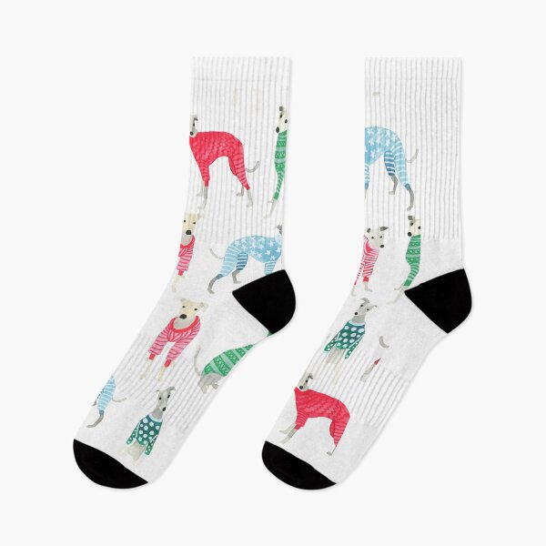 Item preview, Greyhounds wearing red and green Christmas outfits designed and sold by Hillary Holt.