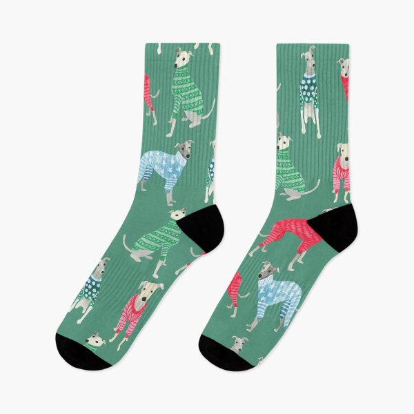Item preview, Greyhounds wearing red and green Christmas outfits designed and sold by Hillary Holt.