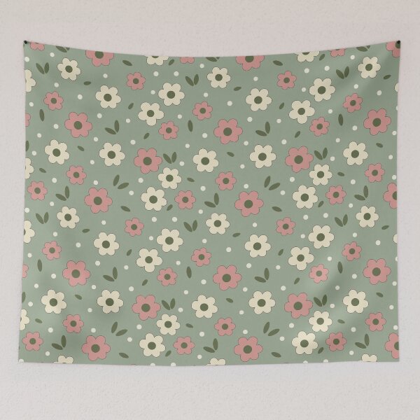 Item preview, Colorful Pink and cream color flower pattern on green background. designed and sold by SmallDart Creations.
