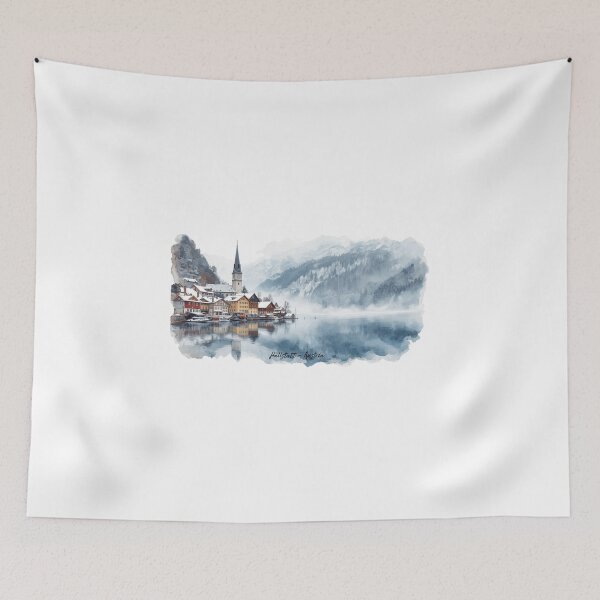 Item preview, Alpine village in watercolor, winter in Hallstatt designed and sold by StormArte.