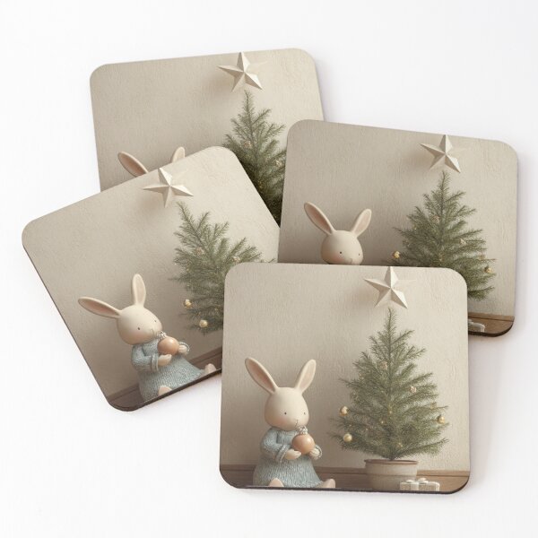 Item preview, Minimalist Cozy Bunny with Christmas Ornament and Tree — Scandinavian Winter Holiday Decor designed and sold by ThaiArtShop.