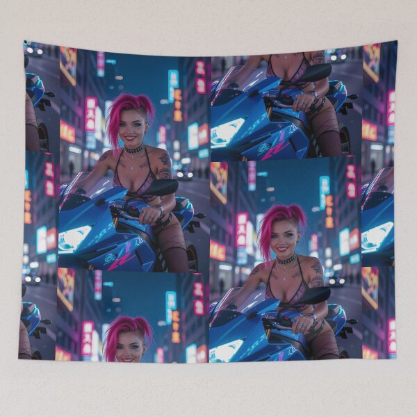 Item preview, Cyberpunk Biker Girl – Futuristic Neon Art designed and sold by Planet Utoppia.