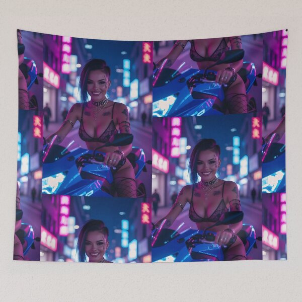 Item preview, Cyberpunk Biker Girl – Futuristic Neon Art designed and sold by Planet Utoppia.
