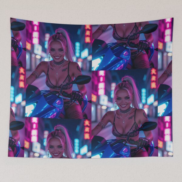 Item preview, Cyberpunk Biker Girl – Futuristic Neon Art designed and sold by Planet Utoppia.