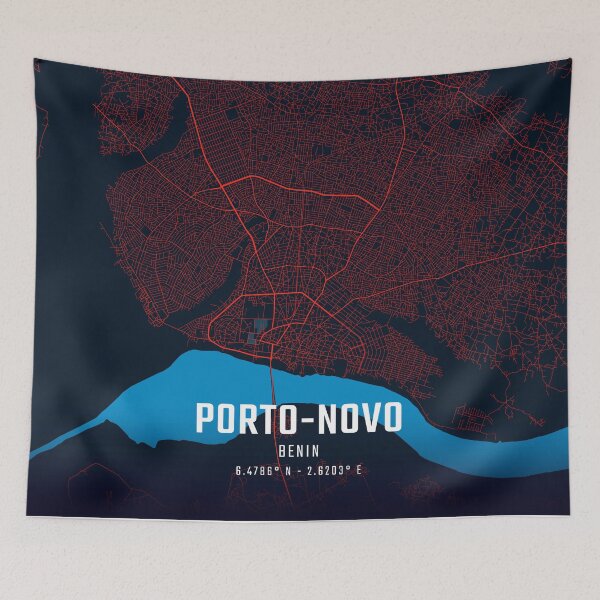 Item preview, Porto-Novo Red & Blue Minimalist Map designed and sold by HomeLivingCo.
