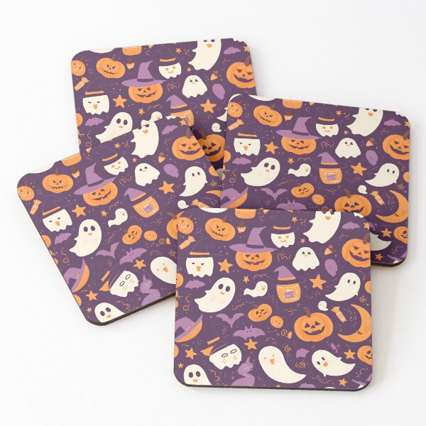 Item preview, Cute Halloween Icons Seamless Pattern – Pumpkins, Ghosts, Bats, Candy & Witch Hats | Pastel Orange & Purple Minimal Vector Design designed and sold by Windy-market.