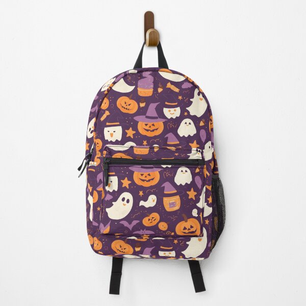 Item preview, Cute Halloween Icons Seamless Pattern – Pumpkins, Ghosts, Bats, Candy & Witch Hats | Pastel Orange & Purple Minimal Vector Design designed and sold by Windy-market.