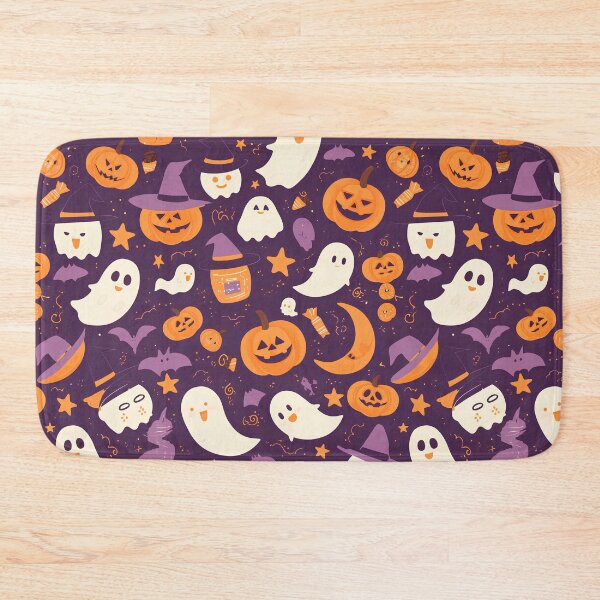 Item preview, Cute Halloween Icons Seamless Pattern – Pumpkins, Ghosts, Bats, Candy & Witch Hats | Pastel Orange & Purple Minimal Vector Design designed and sold by Windy-market.