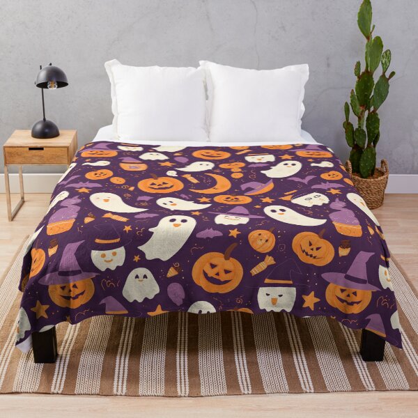 Item preview, Cute Halloween Icons Seamless Pattern – Pumpkins, Ghosts, Bats, Candy & Witch Hats | Pastel Orange & Purple Minimal Vector Design designed and sold by Windy-market.