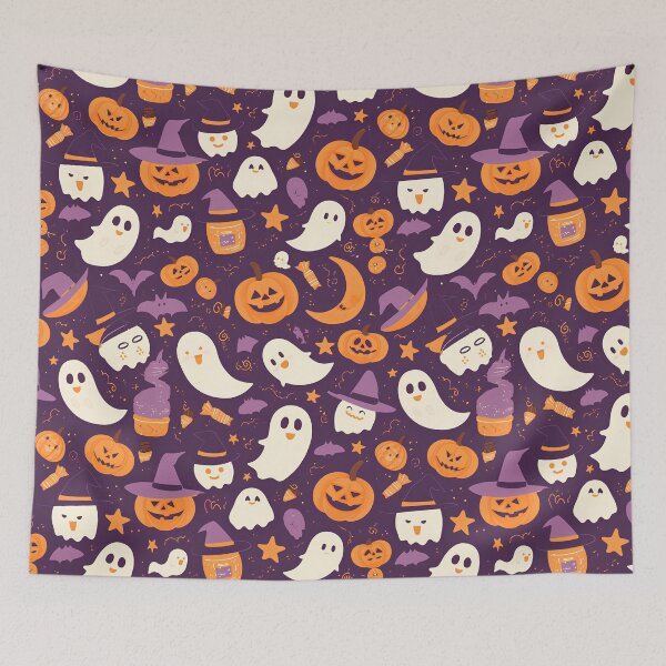 Item preview, Cute Halloween Icons Seamless Pattern – Pumpkins, Ghosts, Bats, Candy & Witch Hats | Pastel Orange & Purple Minimal Vector Design designed and sold by Windy-market.
