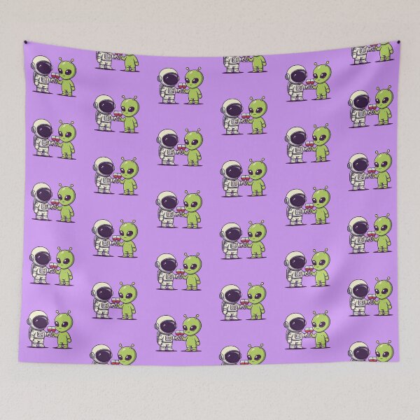 Item preview, Cute Astronaut and Alien Toasting – Kawaii Cartoon Vector Illustration on Lavender Background designed and sold by PixelVibe782.