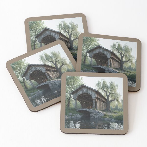 Item preview, Mystical Covered Bridge Over Creek – Willow Tree Tranquil Landscape Art designed and sold by David R Sawin The Architects Of Eden.