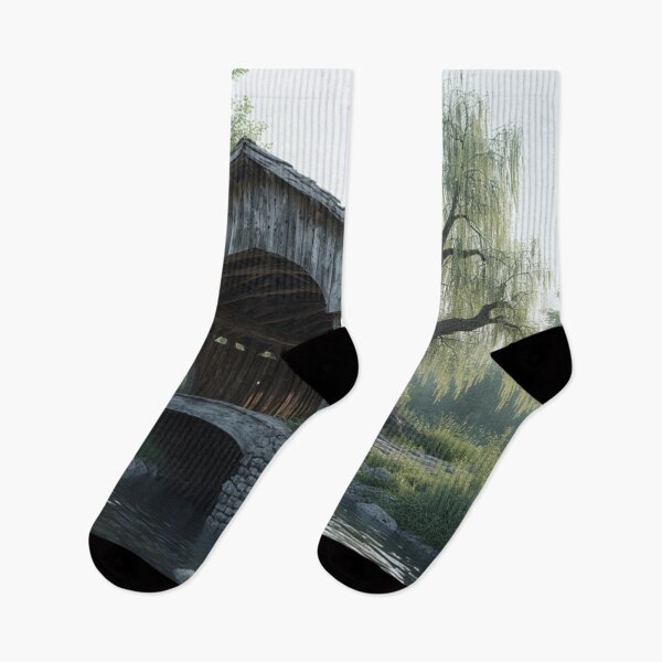 Item preview, Mystical Covered Bridge Over Creek – Willow Tree Tranquil Landscape Art designed and sold by Eden Underground Radio (Official Merch).