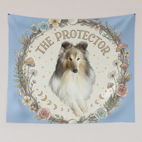 Item preview, The Protector, Sheltie, blue background designed and sold by Faerieglen.