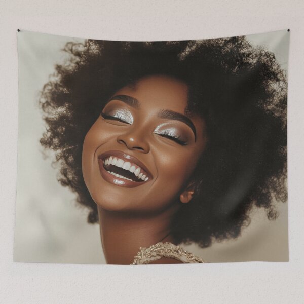 Item preview, Joyful woman with curly hair smiling designed and sold by anytka.