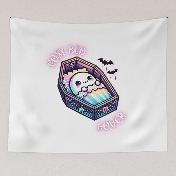 Aperçu de l'œuvre Adorable fantôme kawaii endormi dans un cercueil – Design pour lit douillet créée et vendue par ChibiNekoSpace.