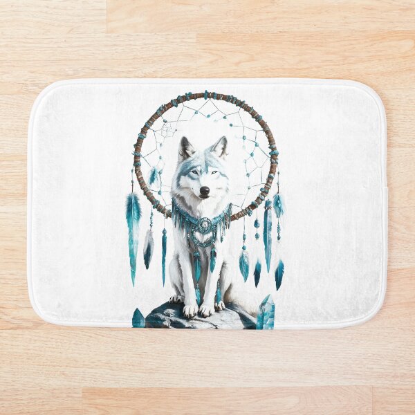 Aperçu de l'œuvre Impression artistique représentant un loup blanc avec un attrape-rêves ethnique turquoise et des pierres de cristal créée et vendue par Encreable.
