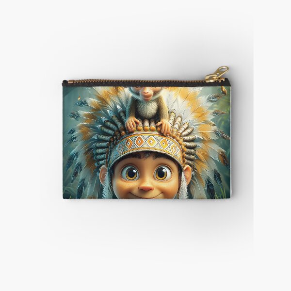 Item preview, Young Child with Monkey in Colorful Feather Outfit designed and sold by Artessie.