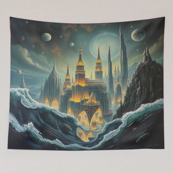 Item preview, Epic Oceanside Castle – Between glowing towers, celestial moons & wild ocean dreams designed and sold by FotoworldEdel.