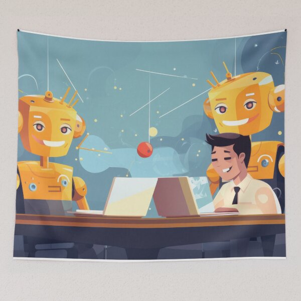 Item preview, Man working with two yellow robots at desk with laptops in office, AI generated designed and sold by dvoevnore.