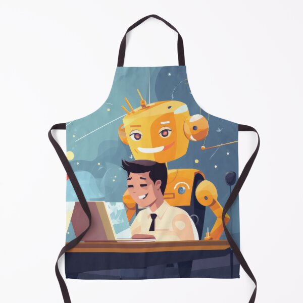 Item preview, Man working with two yellow robots at desk with laptops in office, AI generated designed and sold by dvoevnore.