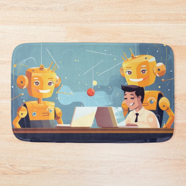 Item preview, Man working with two yellow robots at desk with laptops in office, AI generated designed and sold by dvoevnore.