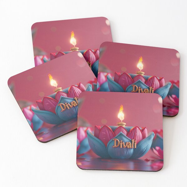 Item preview, Text Diwali with row of colorful lotus-shaped candles on red background, AI Generated designed and sold by dvoevnore.