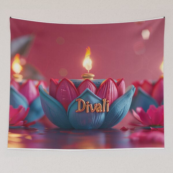 Item preview, Text Diwali with row of colorful lotus-shaped candles on red background, AI Generated designed and sold by dvoevnore.