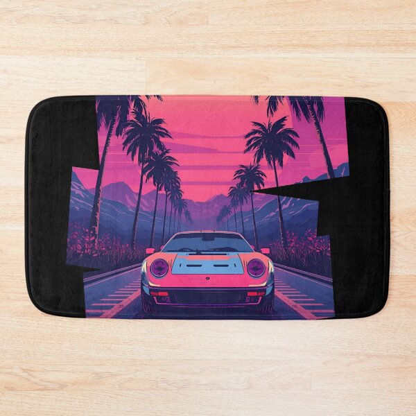 Item preview, 80s retro-futuristic landscape with palm trees and a Porsch sports car neon colors 8 designed and sold by Neon G.