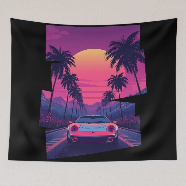 Item preview, 80s retro-futuristic landscape with palm trees and a Porsch sports car neon colors 8 designed and sold by Neon G.