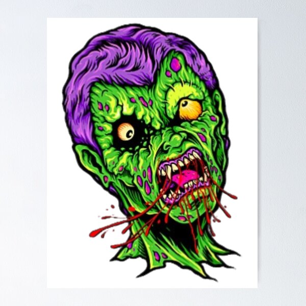 Artikelvorschau, Grüner Zombie mit lila Haaren und gelben Augen Halloween Art entworfen und verkauft von MakersFolly.