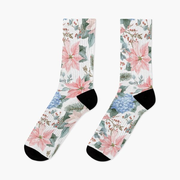 Item preview, Pink White Poinsettia and Blue Hydrangeas Flowers Watercolor All Over designed and sold by Feeling Artsy.