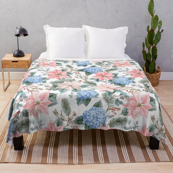 Item preview, Pink White Poinsettia and Blue Hydrangeas Flowers Watercolor All Over designed and sold by Feeling Artsy.