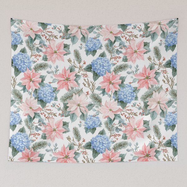 Item preview, Pink White Poinsettia and Blue Hydrangeas Flowers Watercolor All Over designed and sold by Feeling Artsy.
