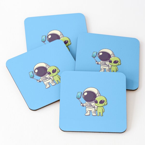 Item preview, Cute Astronaut and Alien Taking a Selfie – Kawaii Cartoon Vector Illustration on Blue Background designed and sold by PixelVibe782.