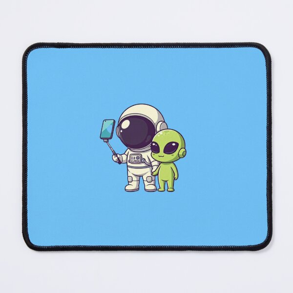 Item preview, Cute Astronaut and Alien Taking a Selfie – Kawaii Cartoon Vector Illustration on Blue Background designed and sold by PixelVibe782.