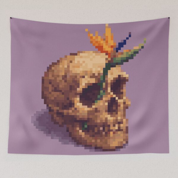 Item preview, Skull with Bird of Paradise Flower Pixel Art designed and sold by LovelacePixel.