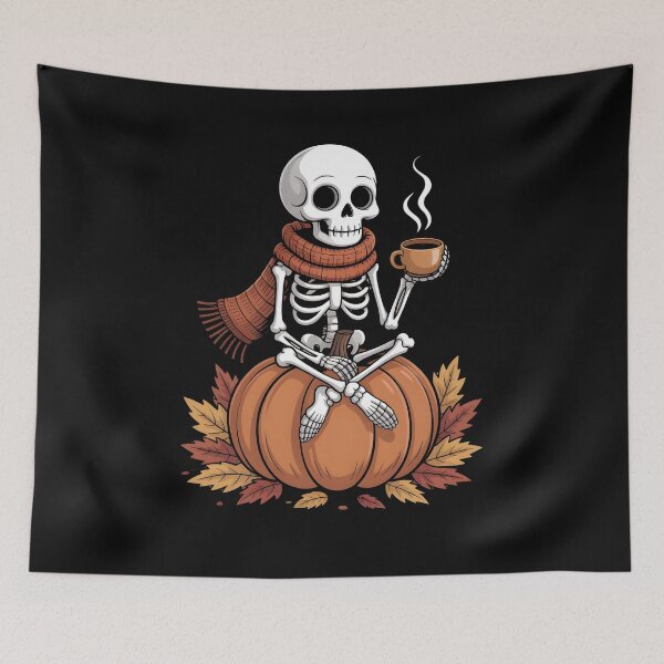 Item preview, Cozy Skeleton with Coffee on Pumpkin – Halloween Fall Vibes designed and sold by zazastore.
