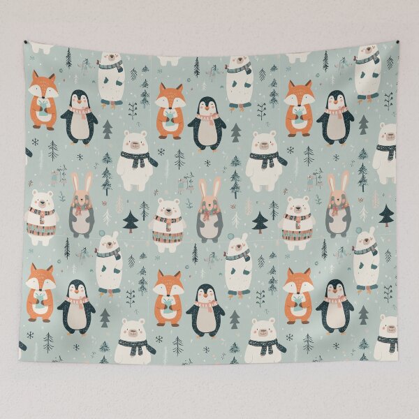 Item preview, Cozy Winter Animals Pattern – Cute Fox, Bear, Rabbit & Penguin in Scarves Christmas Design designed and sold by Moss and Moon Studio.