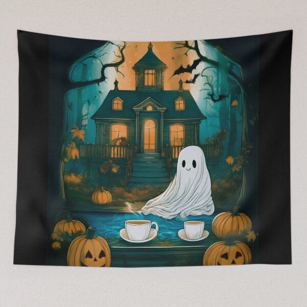 Item preview, Whimsical Ghost at Haunted House Halloween Art designed and sold by TheThreeOFive.